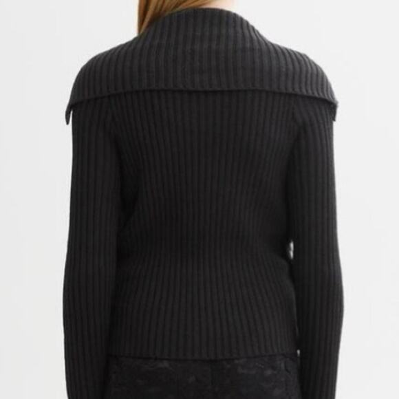 Banana Republic Size Large Black Wool Faux Fur Cardigan Sweater Winter Collared - Picture 2 of 11